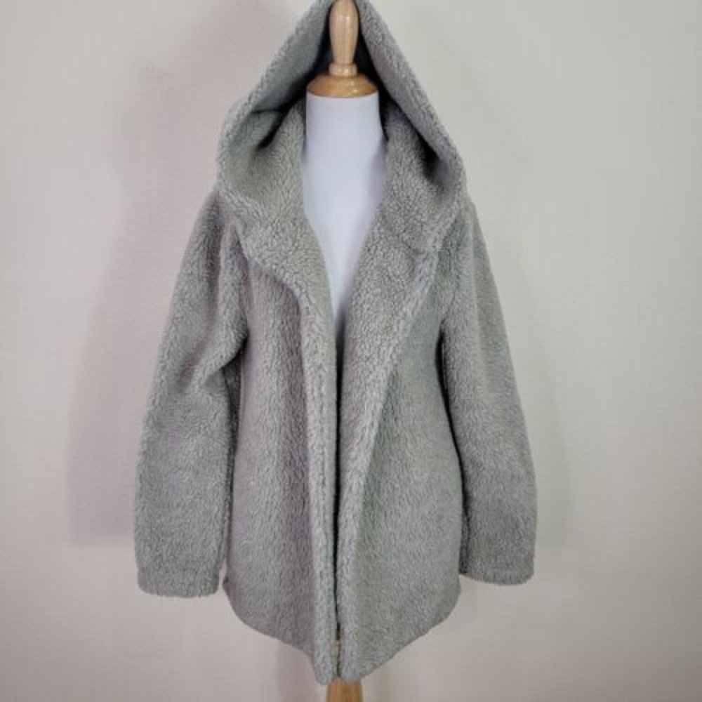 Dylan by True Grit Beige Teddy Bear Open Front Cardigan Sweater Hooded Size L